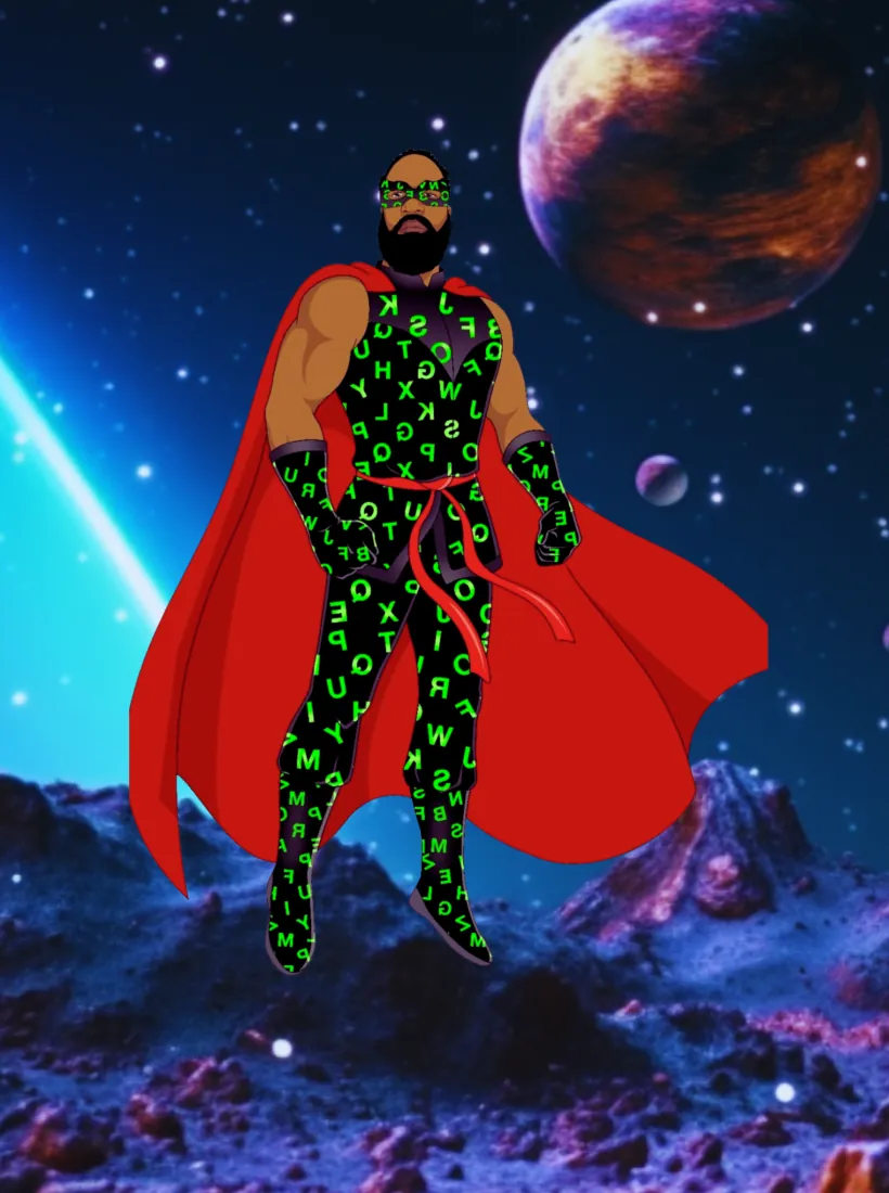 Alphabetical Man standing on a rocky alien planet with Earth rising behind him