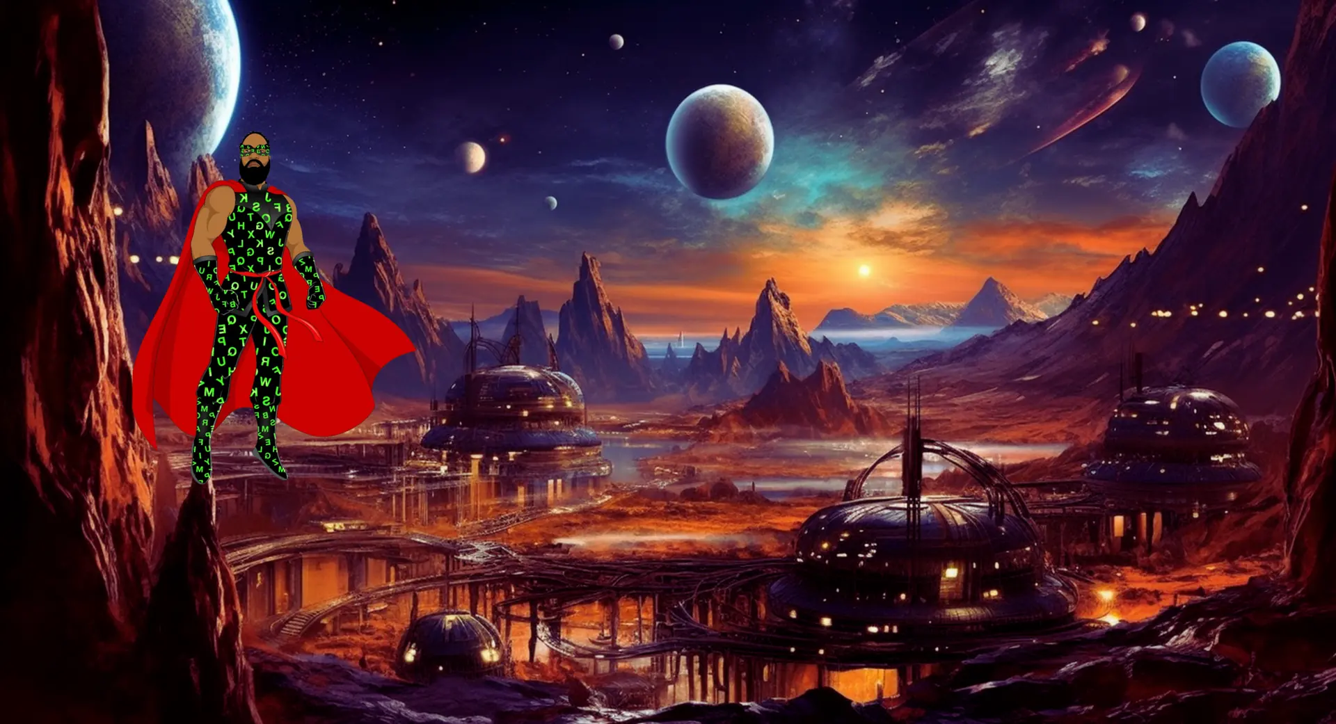 Alphabetical Man hovering above a glowing alien city on a red planet