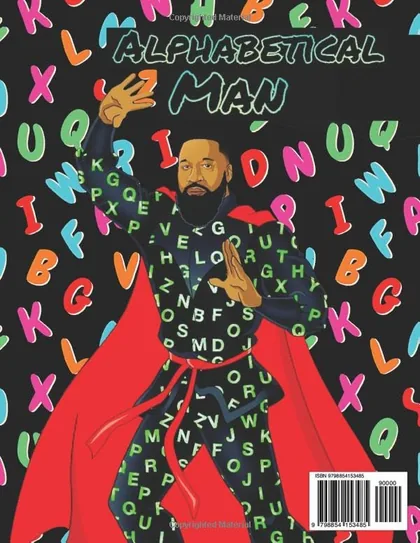 Back cover of the coloring book showing Alphabetical Man surrounded by colorful letters