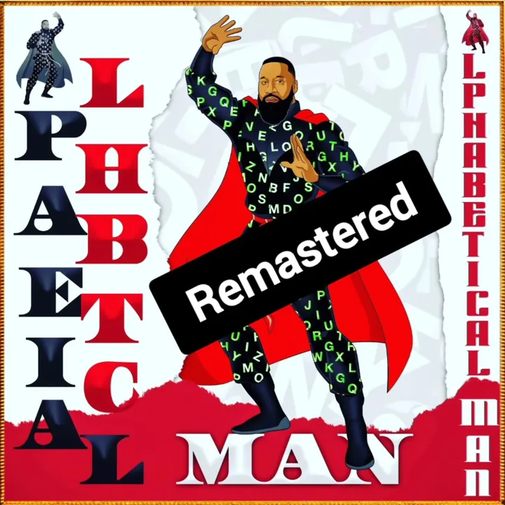 Alphabetical Man Remix single cover with the hero striking a pose beside his name spelled in big letters