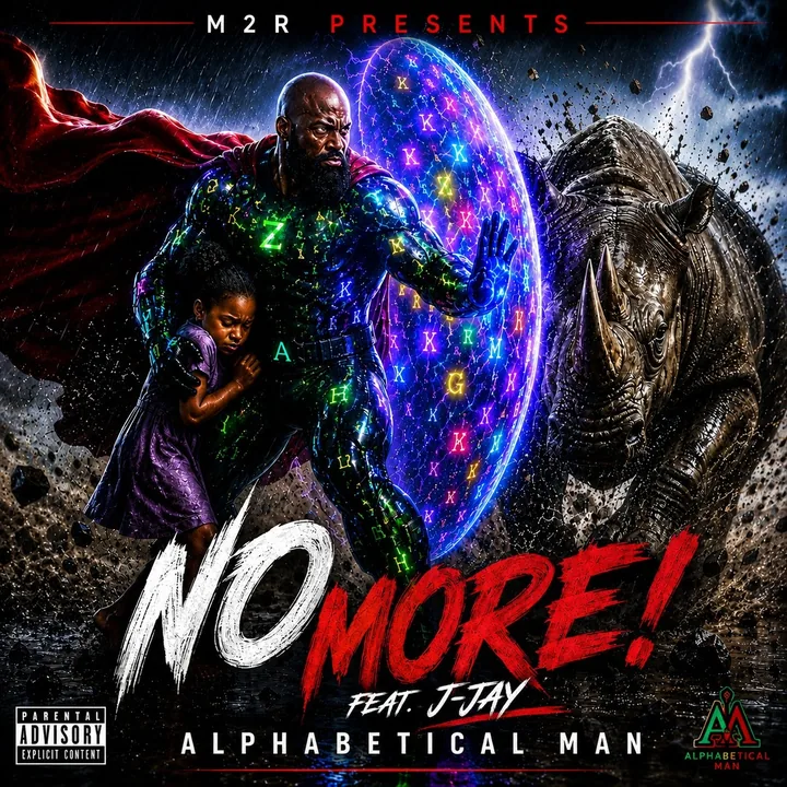 NO MORE! single cover featuring J-Jay, Alphabetical Man shielding a child with a wall of glowing letters
