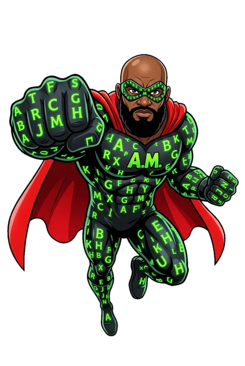 Cartoon Alphabetical Man flying with his fist forward