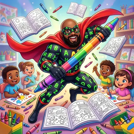 Alphabetical Man with a giant crayon and kids coloring