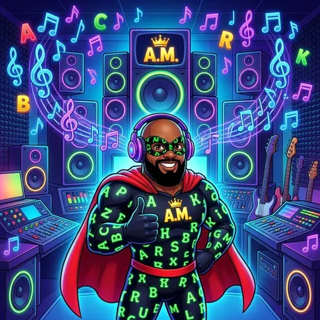 Alphabetical Man with headphones in a neon music studio