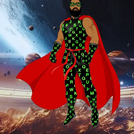 Alphabetical Man standing on a ringed planet among the stars