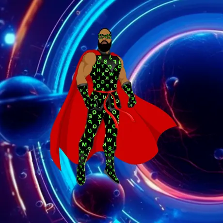Alphabetical Man flying beside a glowing blue space portal