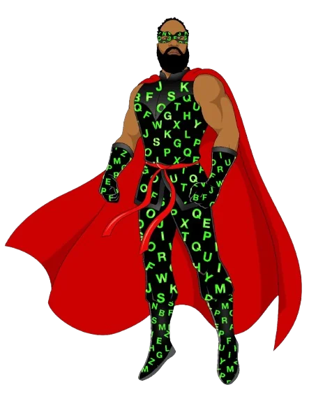 Alphabetical Man standing tall with his red cape and letter covered suit