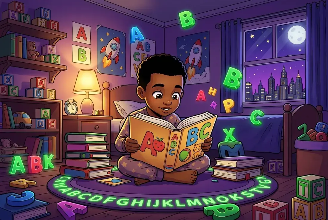 A young boy reading a glowing ABC book in his bedroom at night