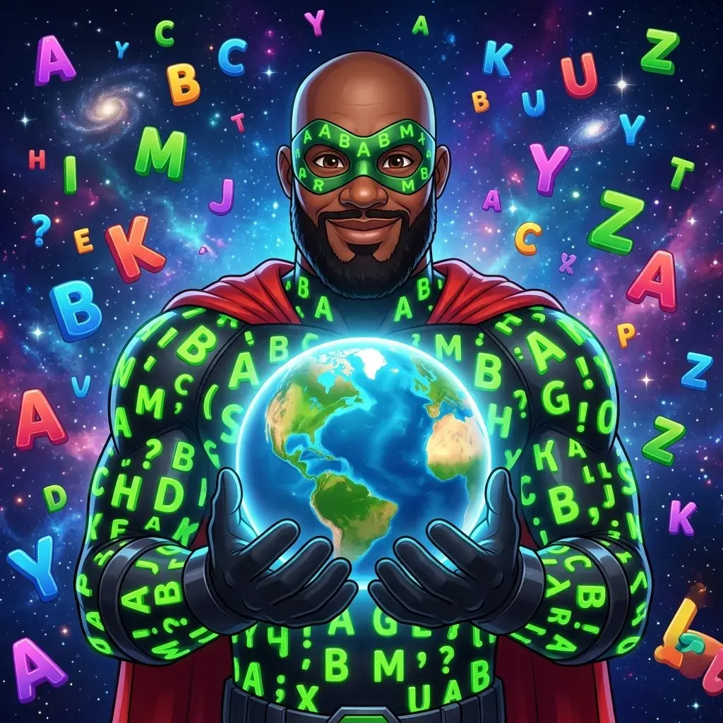Alphabetical Man holding planet Earth in his hands surrounded by colorful letters
