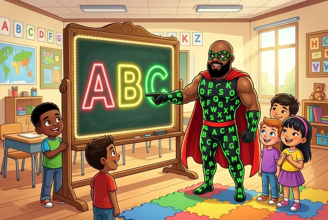 Alphabetical Man pointing to glowing ABC letters on a classroom board while children watch